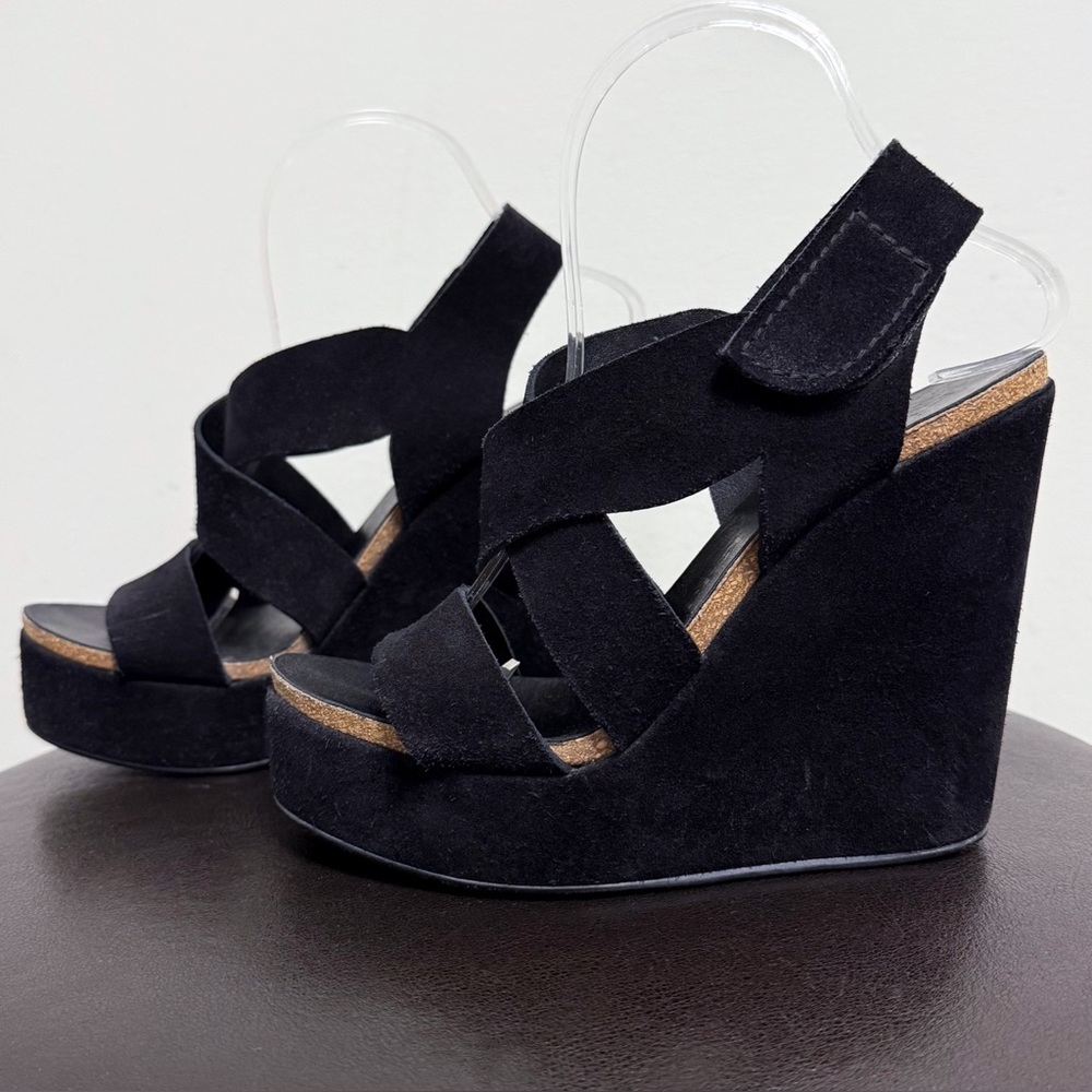 Pedro Garcia Black Suede Leather Tamesis Wedge Platform Sandals 38.5 *No Box